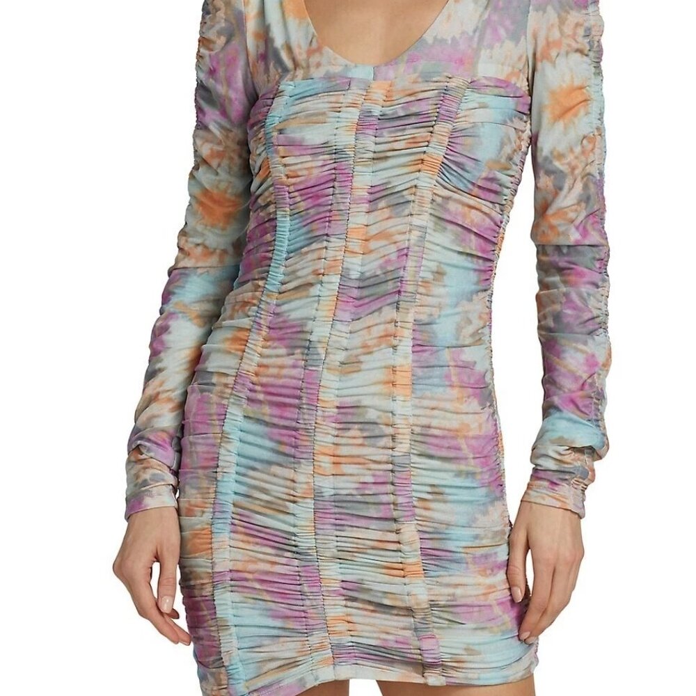 ROTATE Birger Christensen Daphny Ruched Mini Dress Pink Lightweight Mesh Bodycon